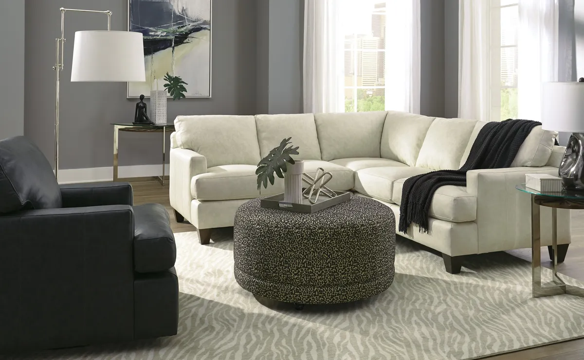 LC94322-SECT sectional: Track Arm, Semi-Attached Boxed Back, Tapered Leg, French Seam / Single Needle