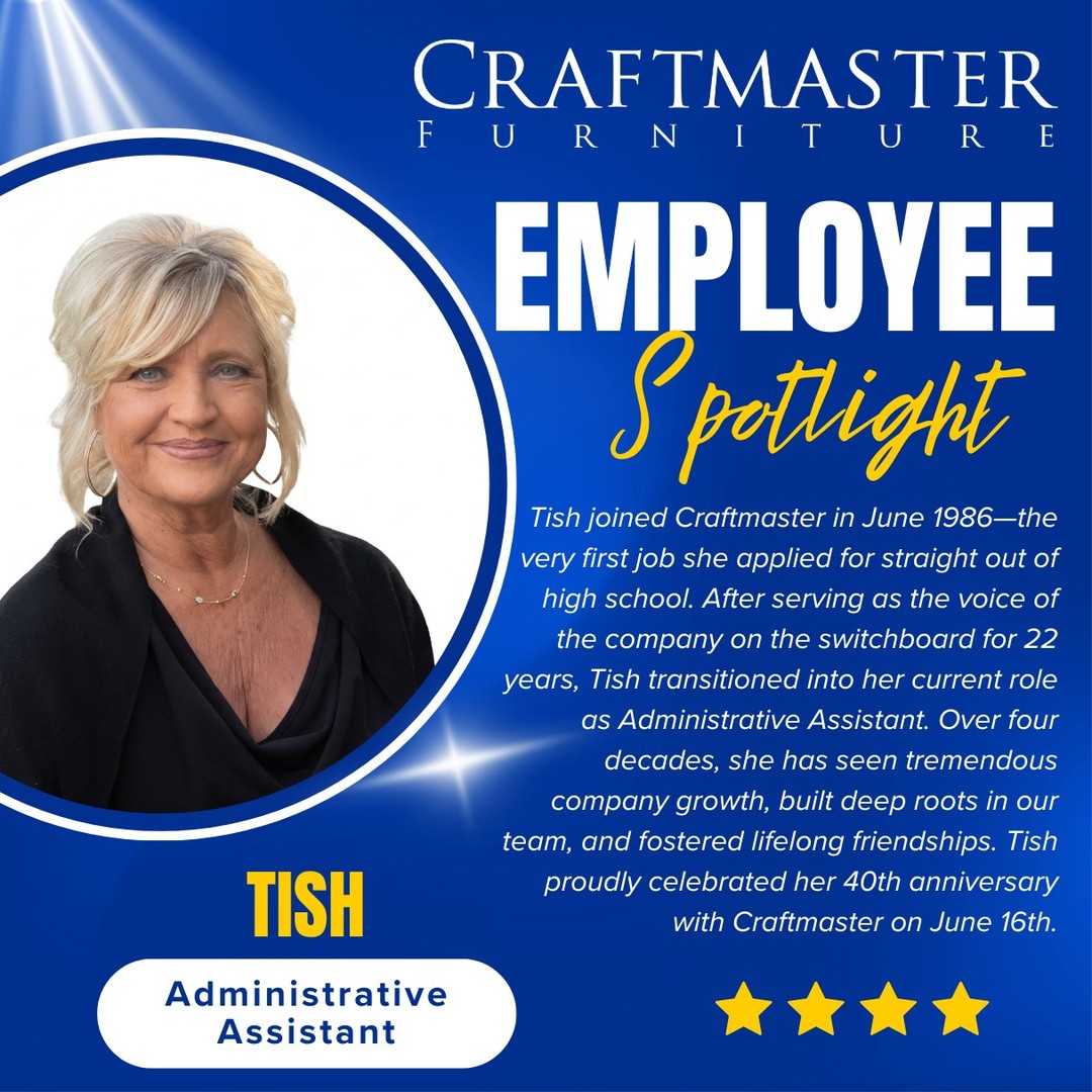 🌟Spotlight on Tish!🌟 
Help us celebrate her incredible 40-year milestone with Craftmaster Furniture and thank her for four great decades! 

#EmployeeSpotlight #WorkAnniversary #Milestone #CraftedByCraftmaster #CraftTheWayYouLive #CraftmasterFurniture #FridayFeeling #TeamCraftmaster