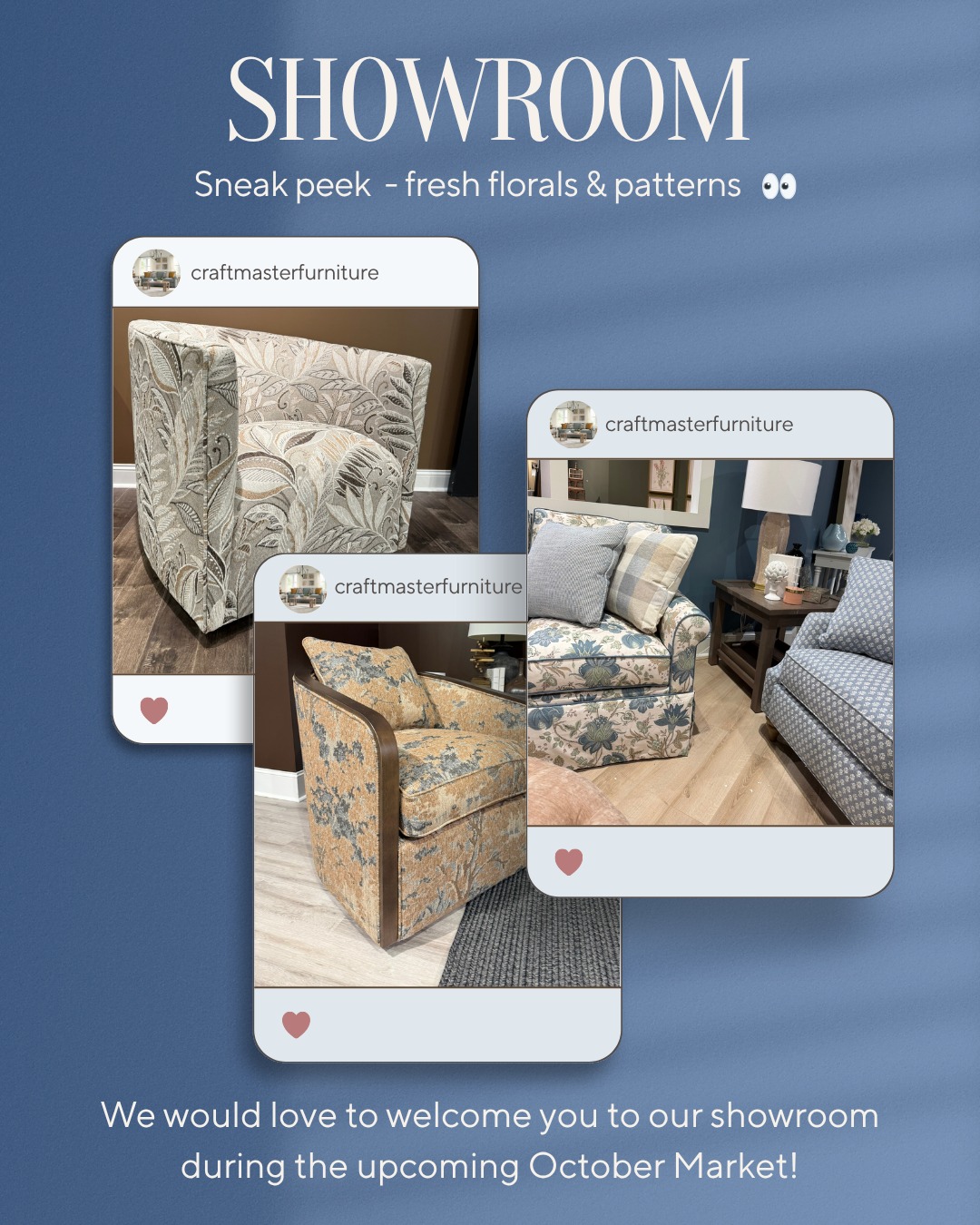 The showroom is coming together! Just 6 days until Premarket—get ready to see what's new.

#CraftedByCraftmaster #CraftmasterFurniture #Premarket #HPMKT #SneakPeak