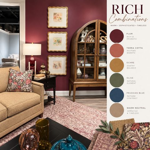 A sophisticated, inviting home starts with the right colors! 🏡 Our new palette perfectly balances dramatic Plum, warm Terra Cotta and Ochre, timeless Olive, and a touch of Prussian Blue. 

#craftmasterfurniture #craftedbycraftmaster #richcombinations #HPMKT