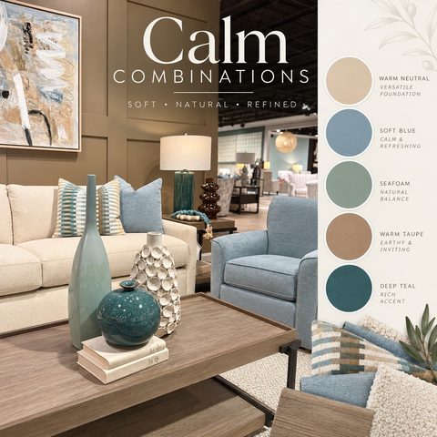 Embrace the soothing harmony of our "Calm Combinations" mood board, featuring a natural blend of warm neutrals, soft blues, and rich teal accents. Designed to feel soft, natural, and refined, this palette brings a grounded yet refreshing balance to any living space. 

#craftmasterfurniture #craftedbycraftmaster #calmcombinations #designinspirations #hpmkt