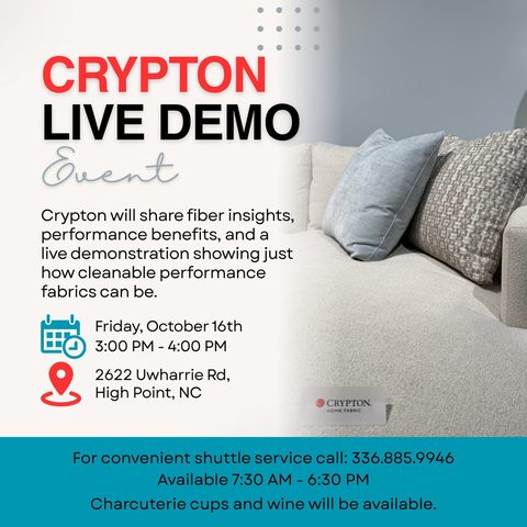 Enjoy wine and charcuterie cups while we talk textiles FRIDAY, OCTOBER 16TH! Need a lift to the showroom? Call our convenient shuttle service at 336.885.9946. 

#cryptonfabric #craftmasterfurniture #craftedbycraftmaster #hpmkt2026 #performance CryptonFabric