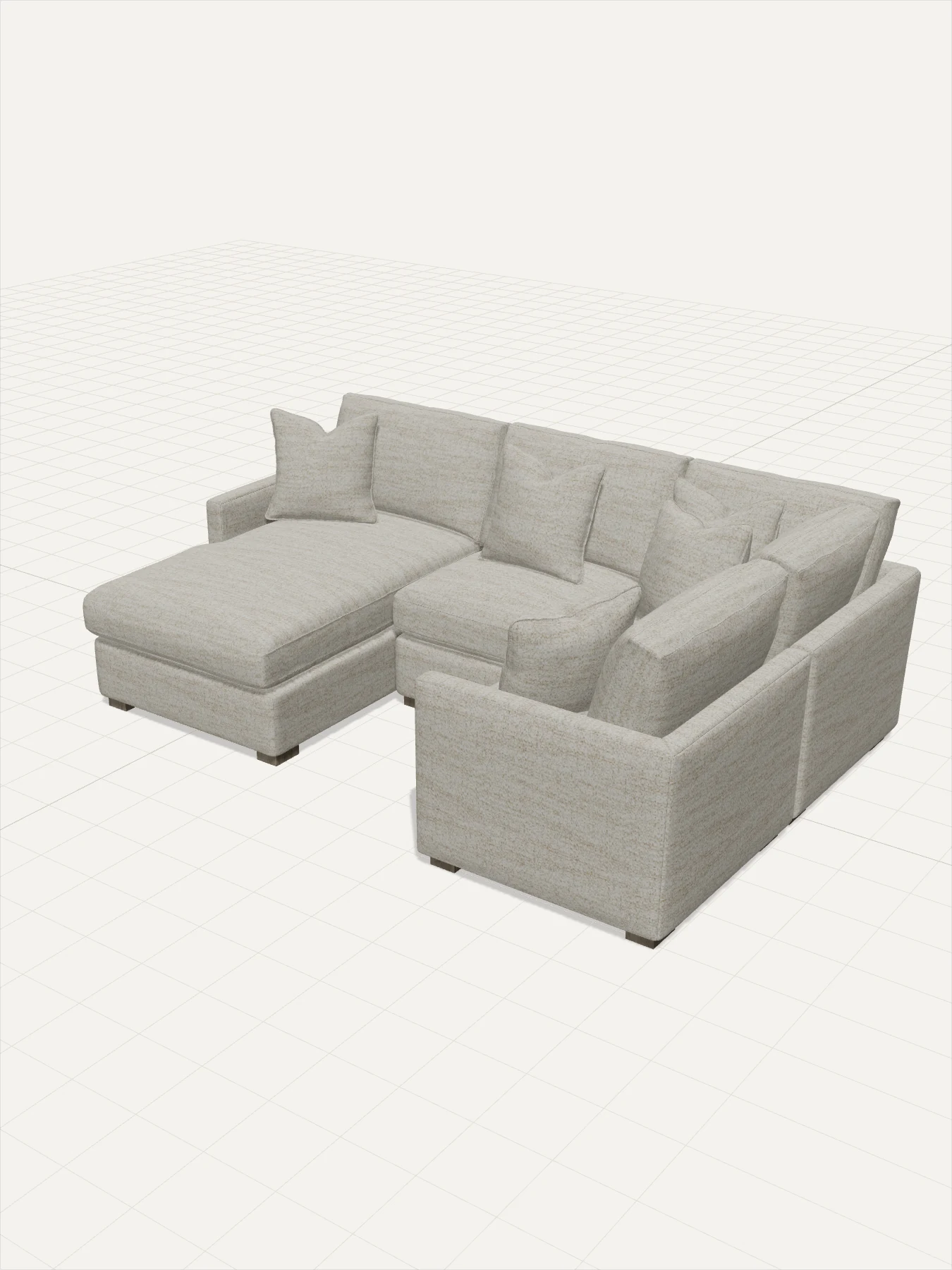 A Haven sectional built from a chaise, armless chair, corner wedge and chair in the 3D Sectional Builder, draped in Homecourt-10